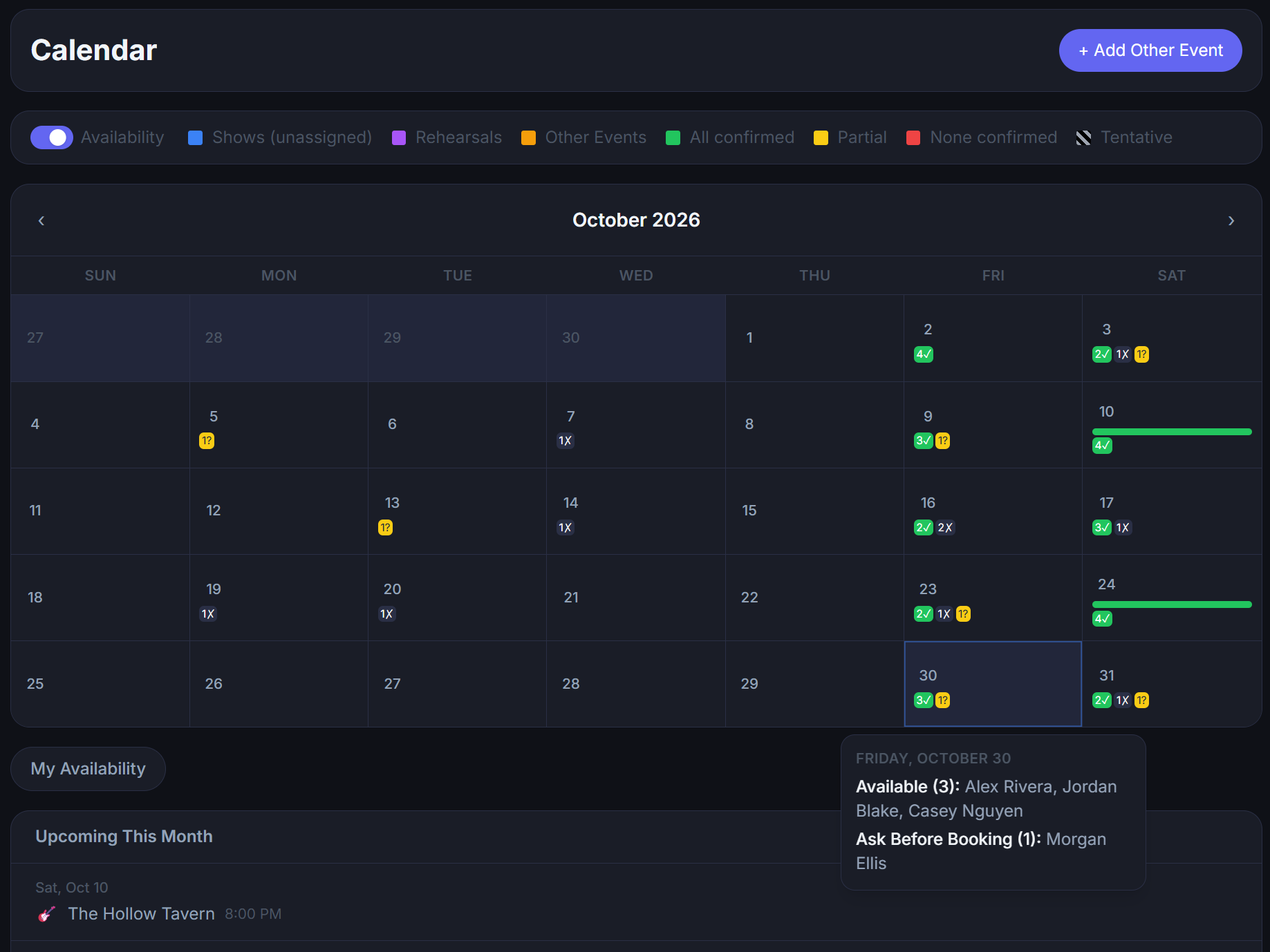 Gig calendar module showing upcoming shows