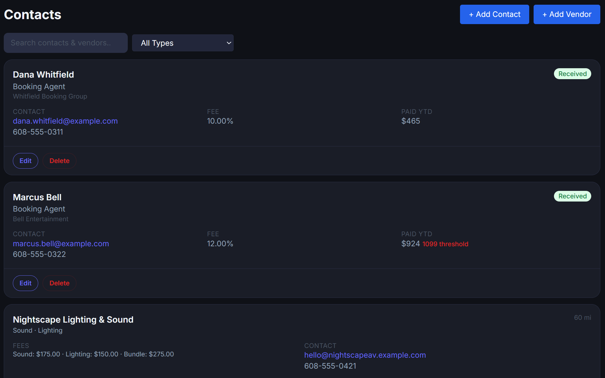 Contact manager listing venue, agent, sub, vendor and crew contacts, desktop view
