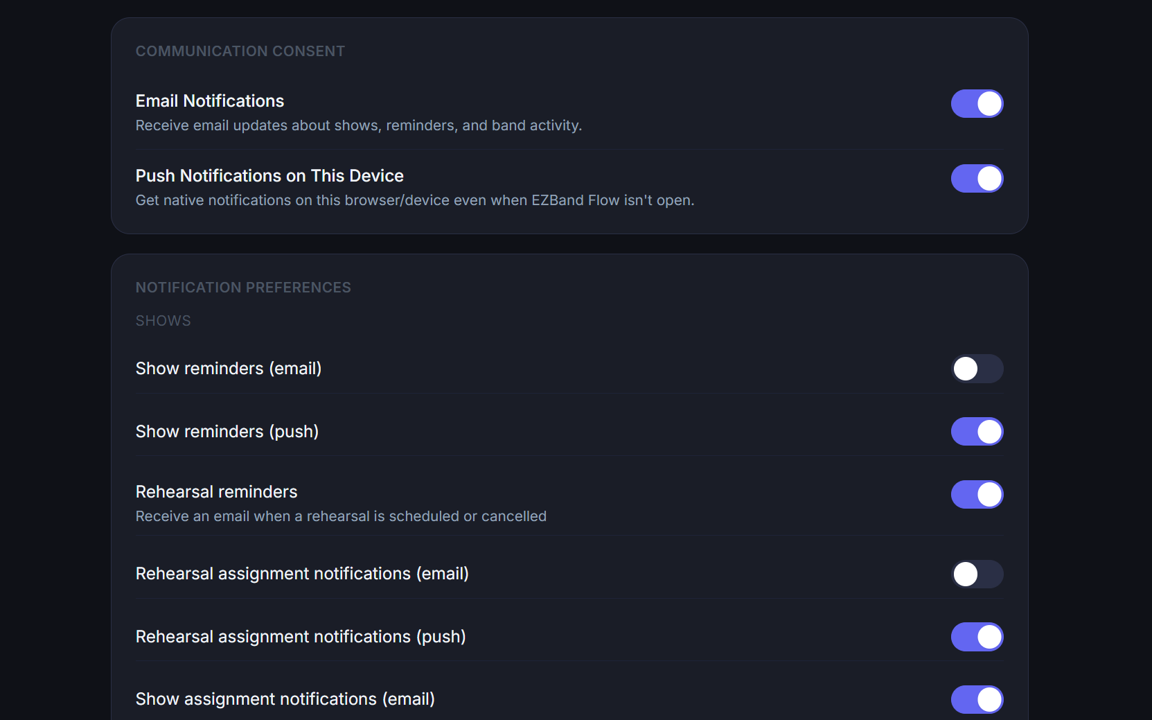 Member notification settings screen