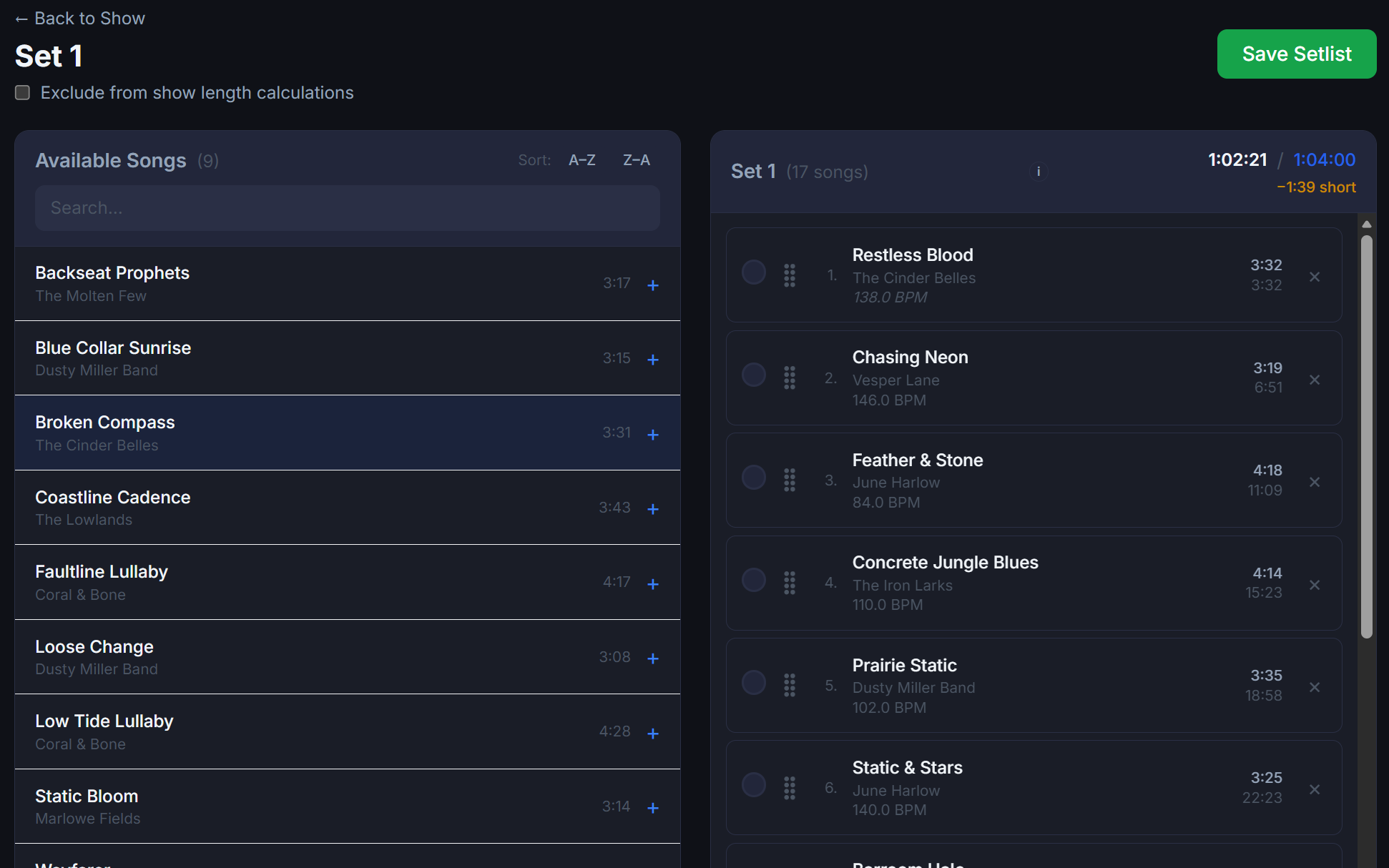 Setlist builder showing an ordered set list, desktop view