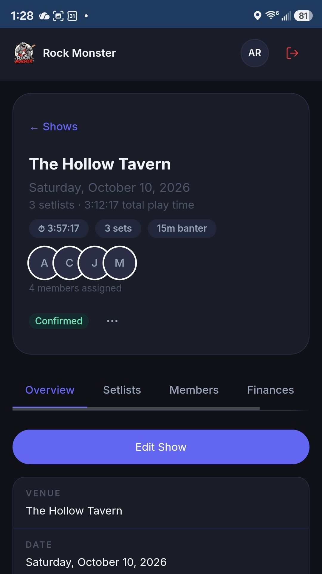 Show details screen on a phone, with load-in, address and contact info