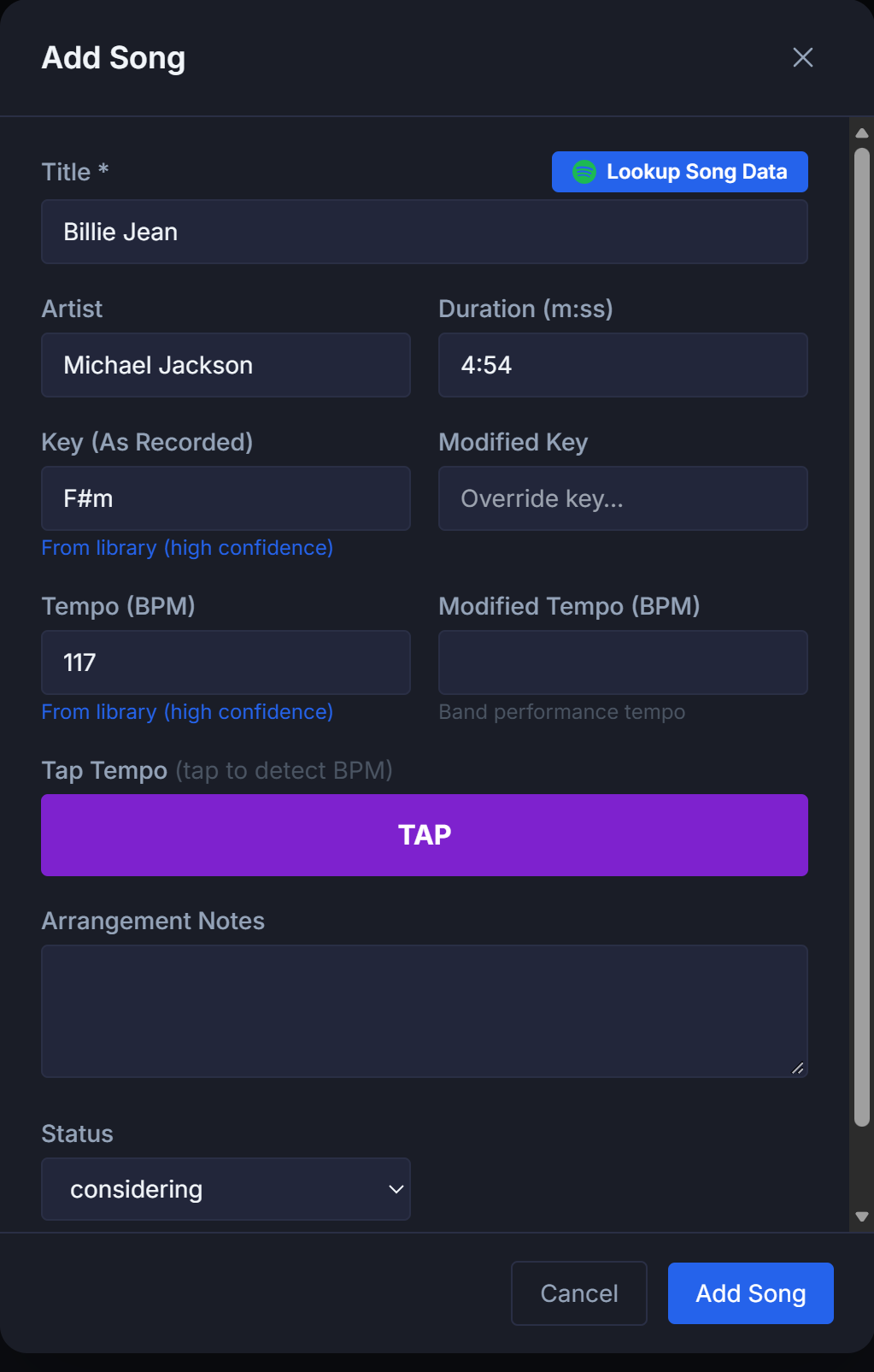 Add Song form with title, artist and duration auto-filled, and AI-detected tempo and key populated from the library