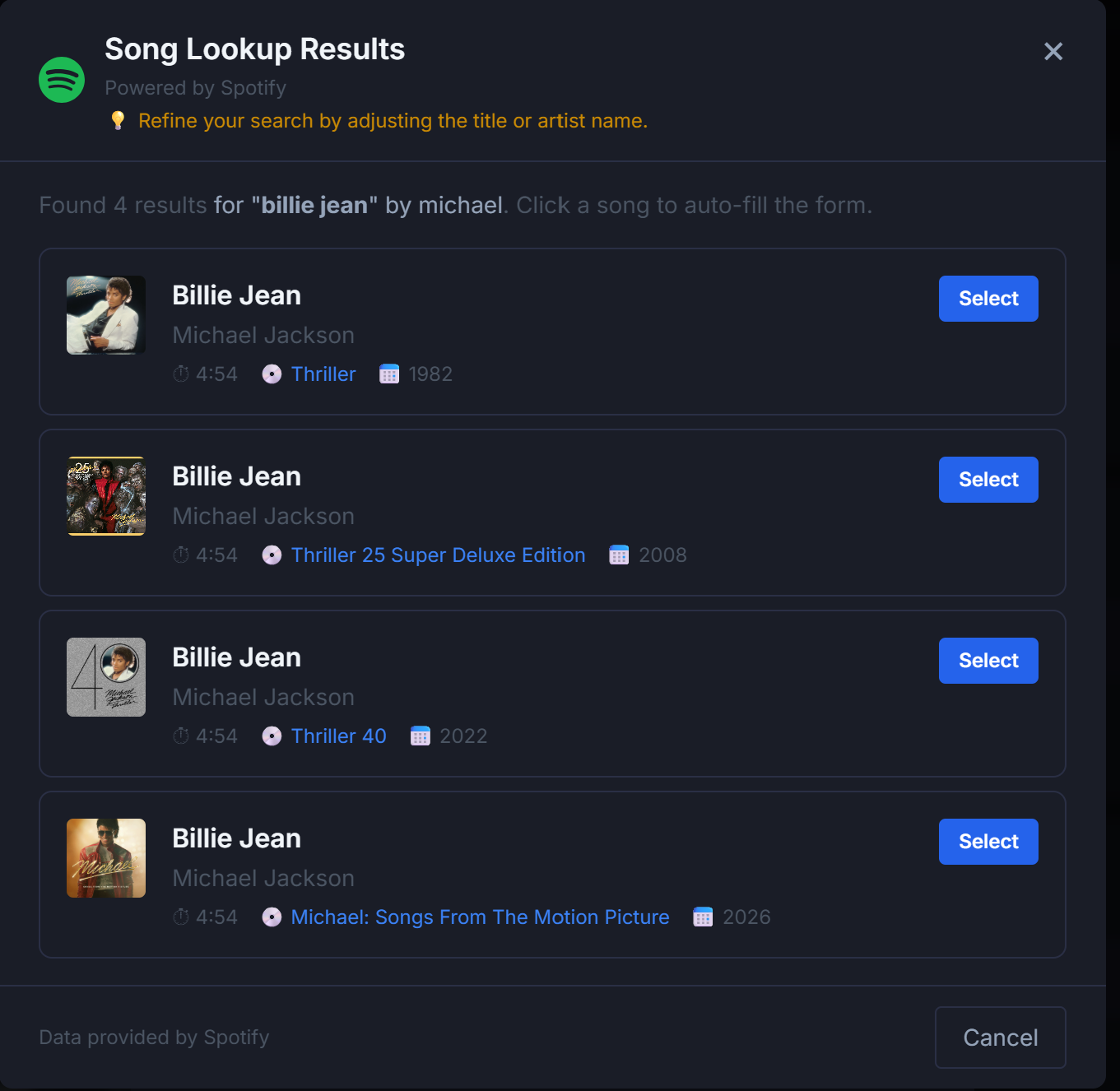 Spotify search results for a song lookup, four matching tracks with album art, album and year