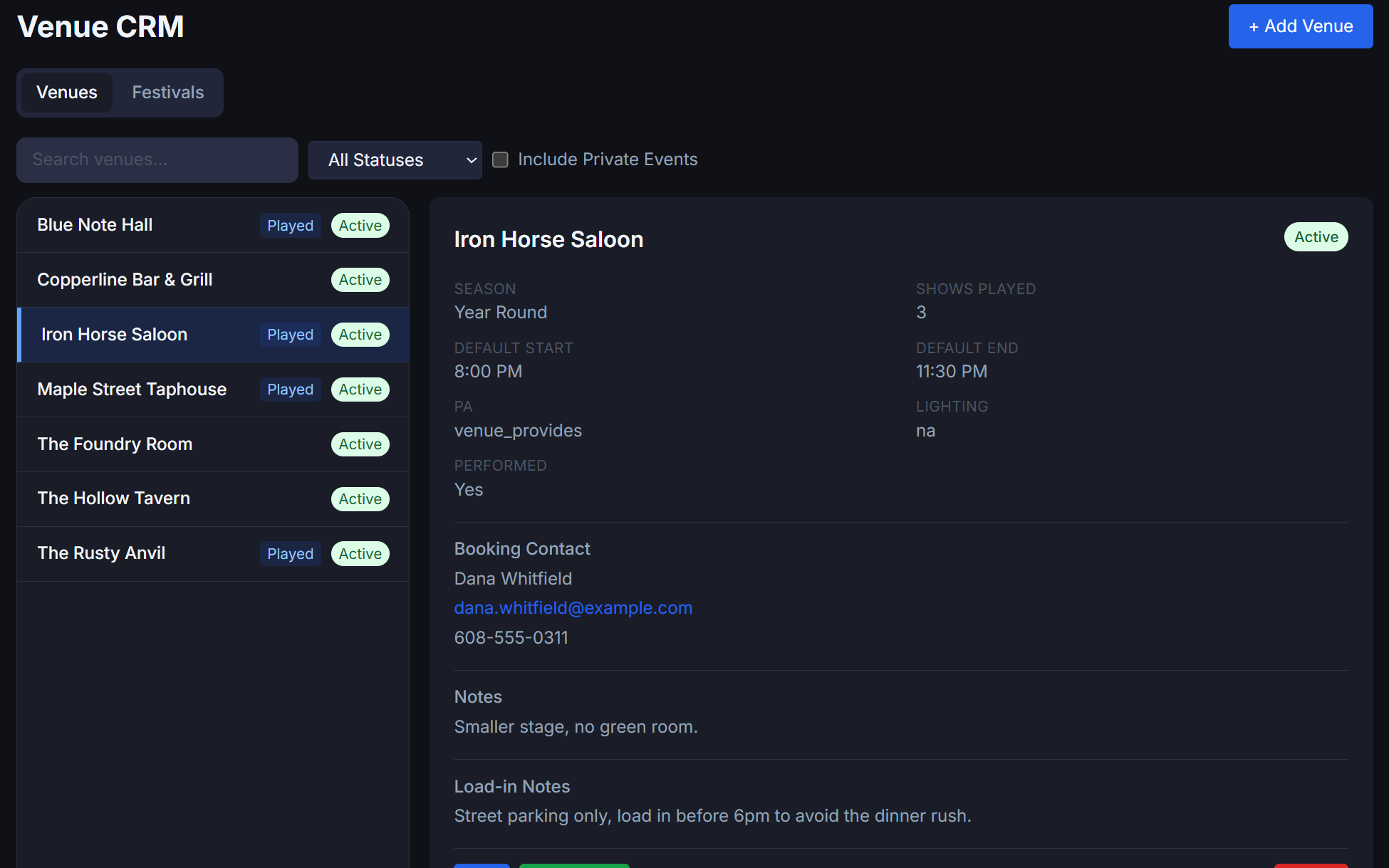 Venue manager showing venue contacts and booking history, desktop view