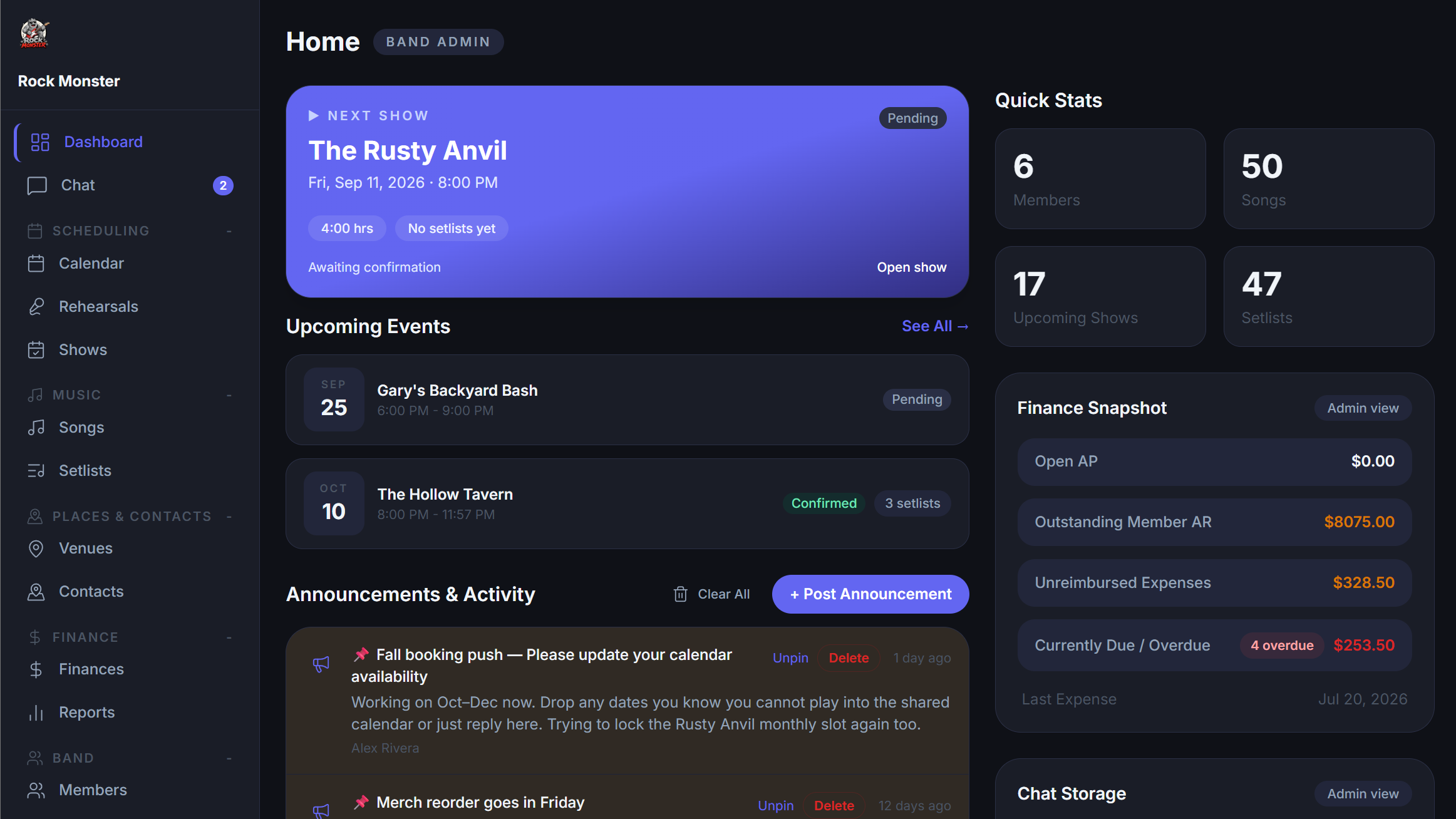 EZBand Flow dashboard overview showing upcoming gigs, chat and finances
